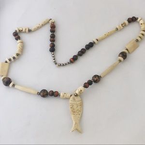 Bone and wood necklace with fish pendant